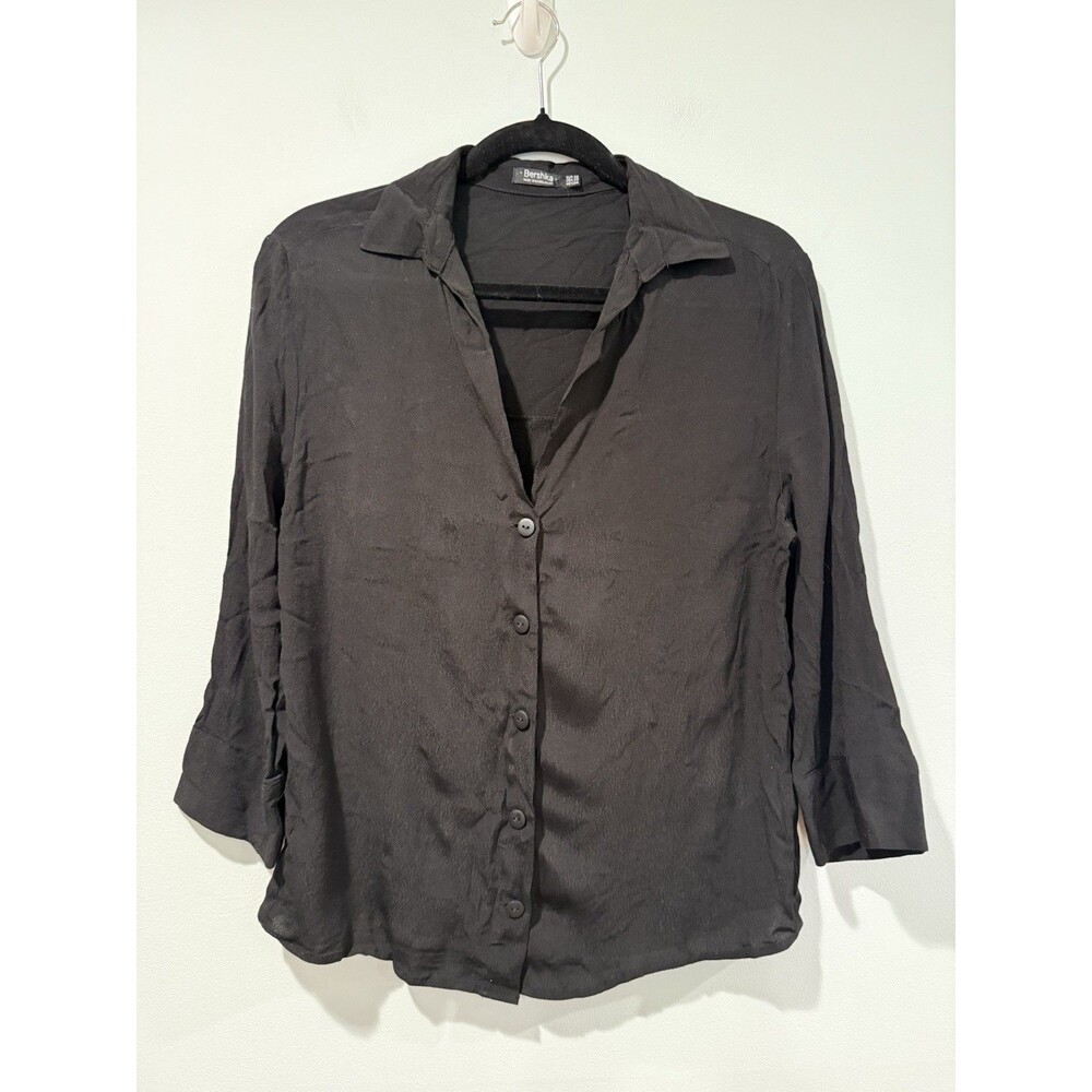 Bershka Top Womens XS Black Button Up Lightweight Travel Career Minimal Workwear